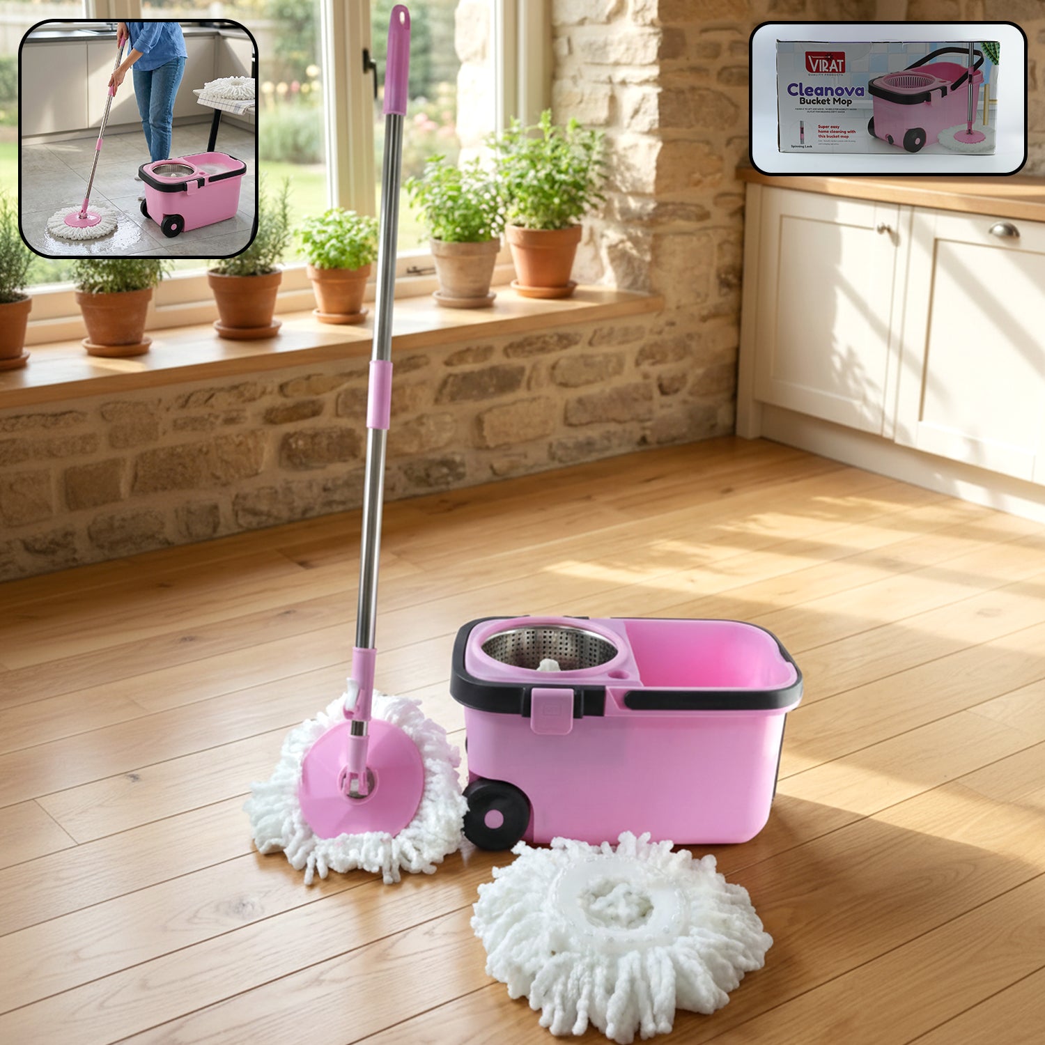 Quick Spin Mop With Steel Spin, Bucket Floor Cleaning, Easy Wheels & Big Bucket, Floor Cleaning Mop with Bucket