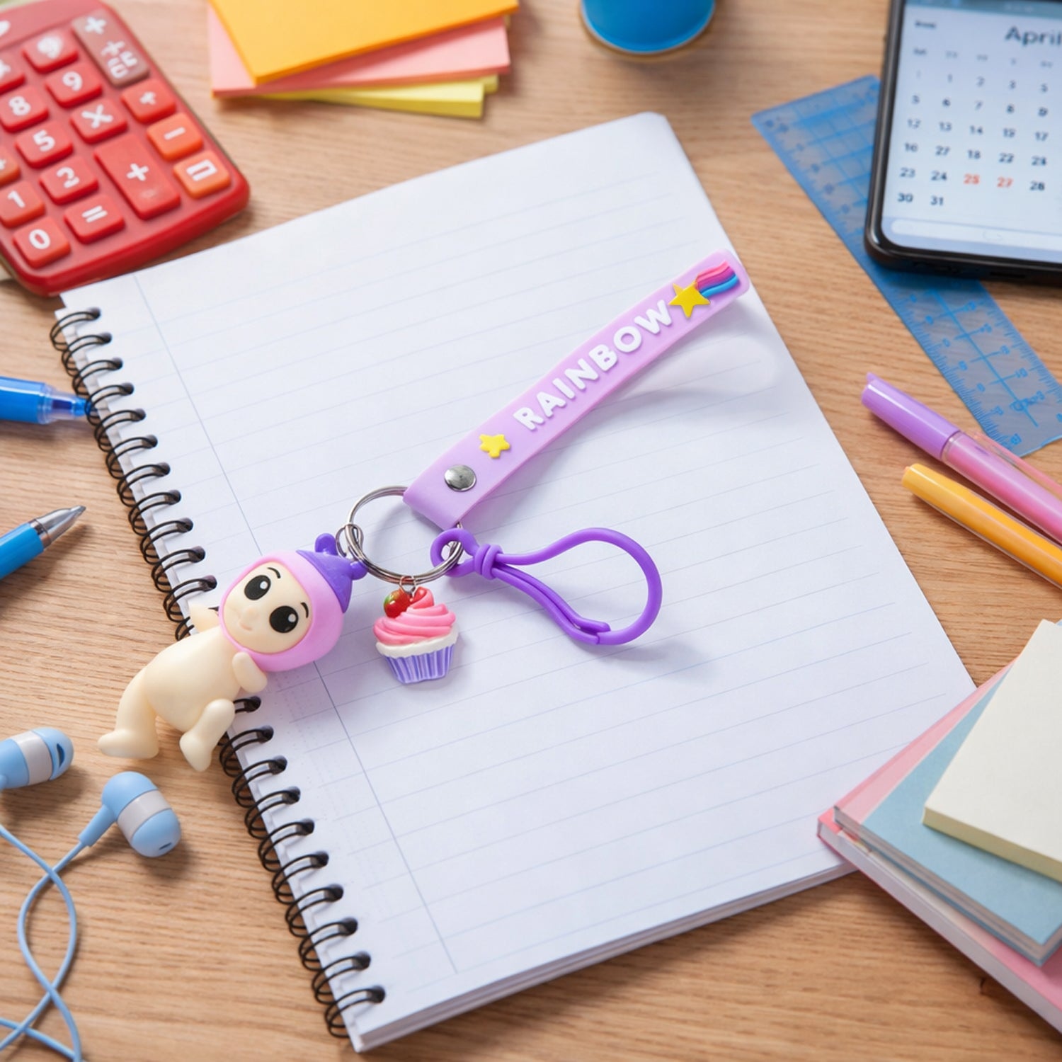 Cute Doll & Cupcake Keychain with Rainbow Strap (1 Pc)