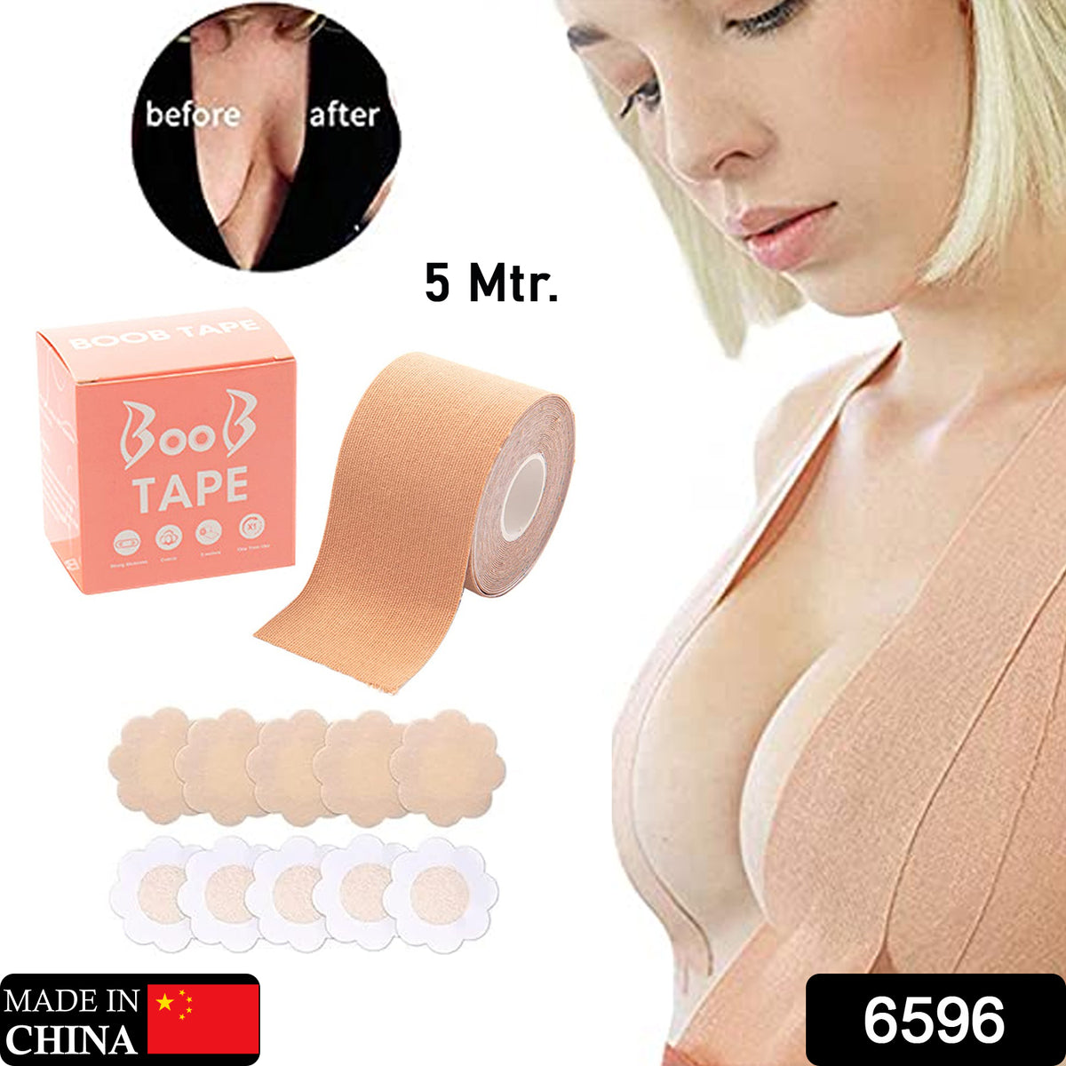 6596 Boob Tape with 10 Pairs Nipple Cover Cotton Wide Thin Breast
