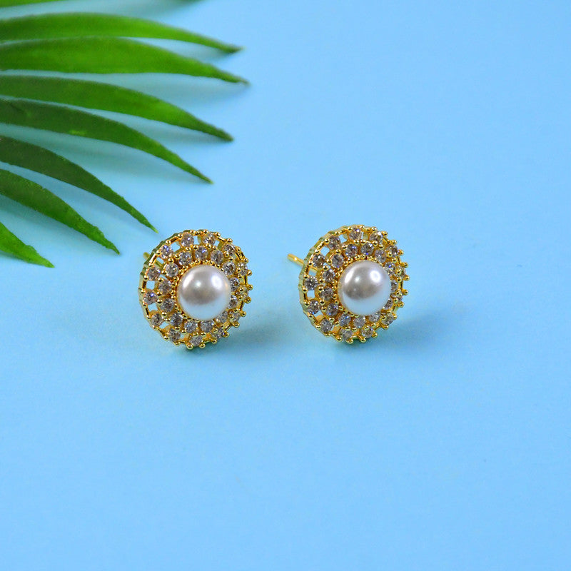 Round Pearl Stud Earrings with Crystal Border and Gold Finish for Women