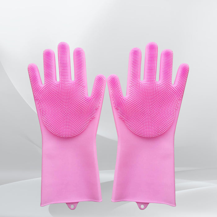 Dishwashing Gloves with Scrubber| Silicone Cleaning Reusable Scrub Gloves for Wash Dish Kitchen| Bathroom| Pet Grooming Wet and Dry Glove (1 Pair, 250 Gm)