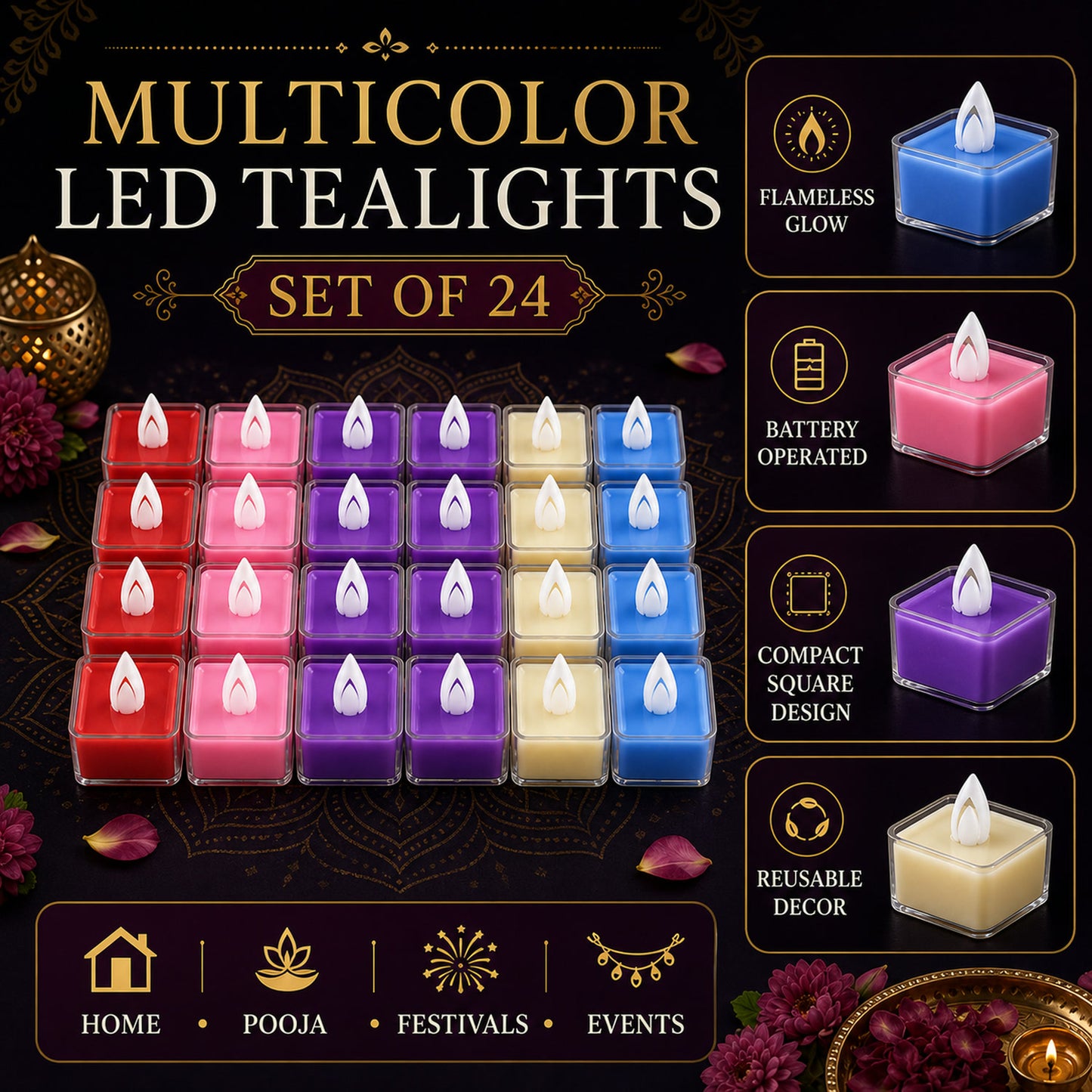 LED Tealight Candles – Set of 24 Multi-Color Flameless Lights