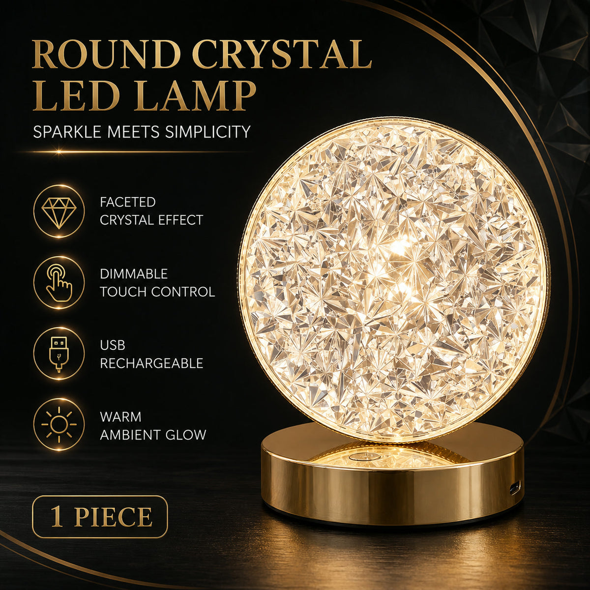 Round Crystal LED Table Lamp – Dimmable Touch & USB Rechargeable