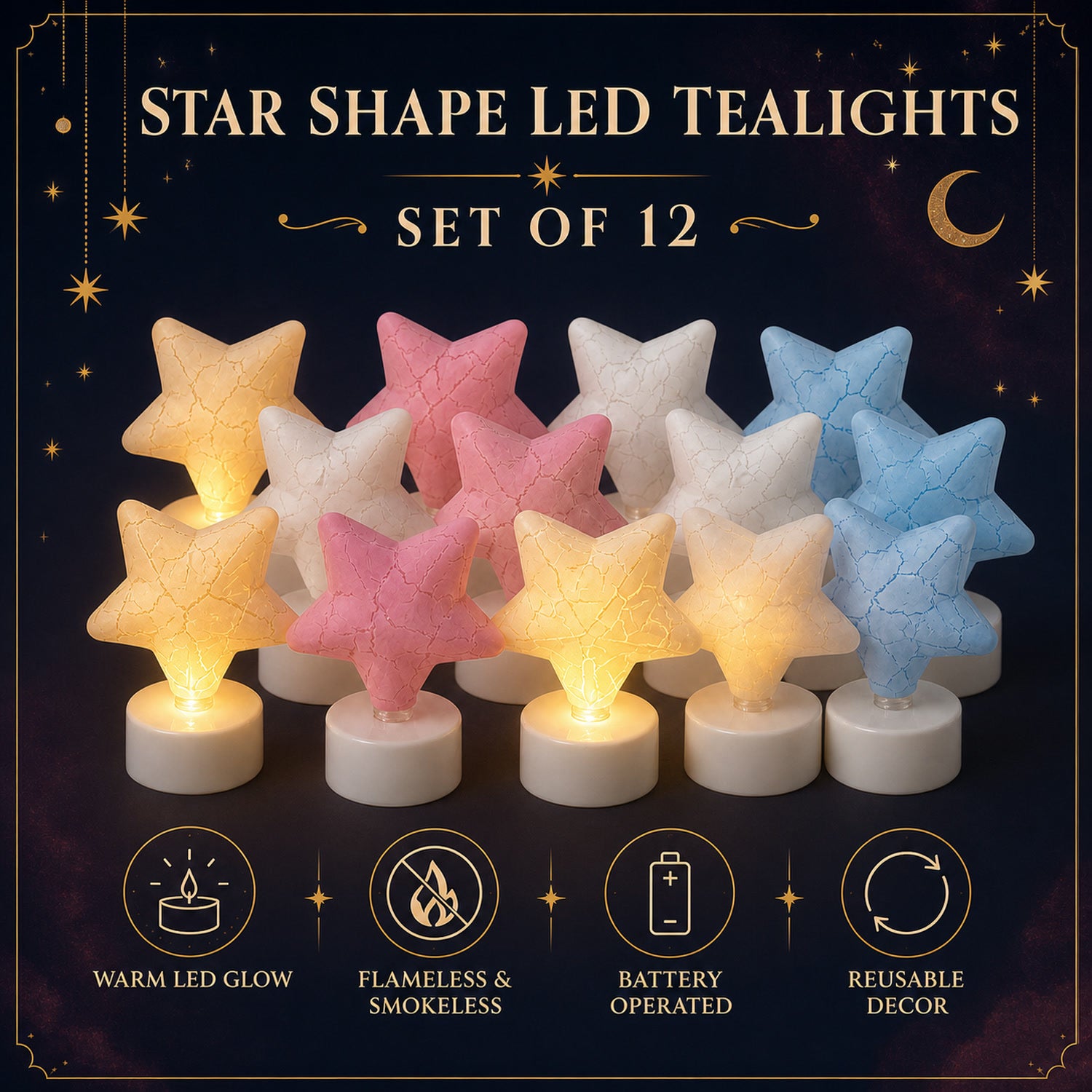 Star Shape LED Tealight Candles – Set of 12 Decorative Lights