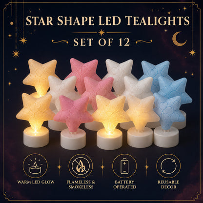 Star Shape LED Tealight Candles – Set of 12 Decorative Lights