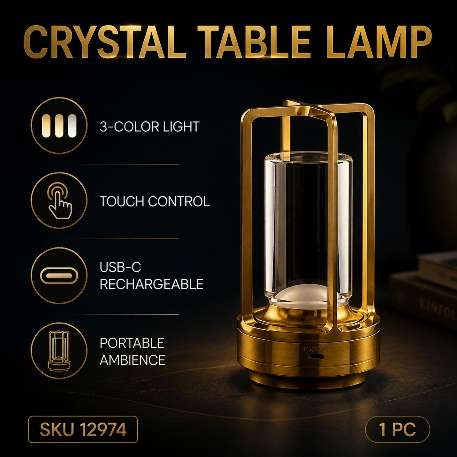 Crystal Table Lamp – 3-Color Rechargeable LED Light | Indo Glow