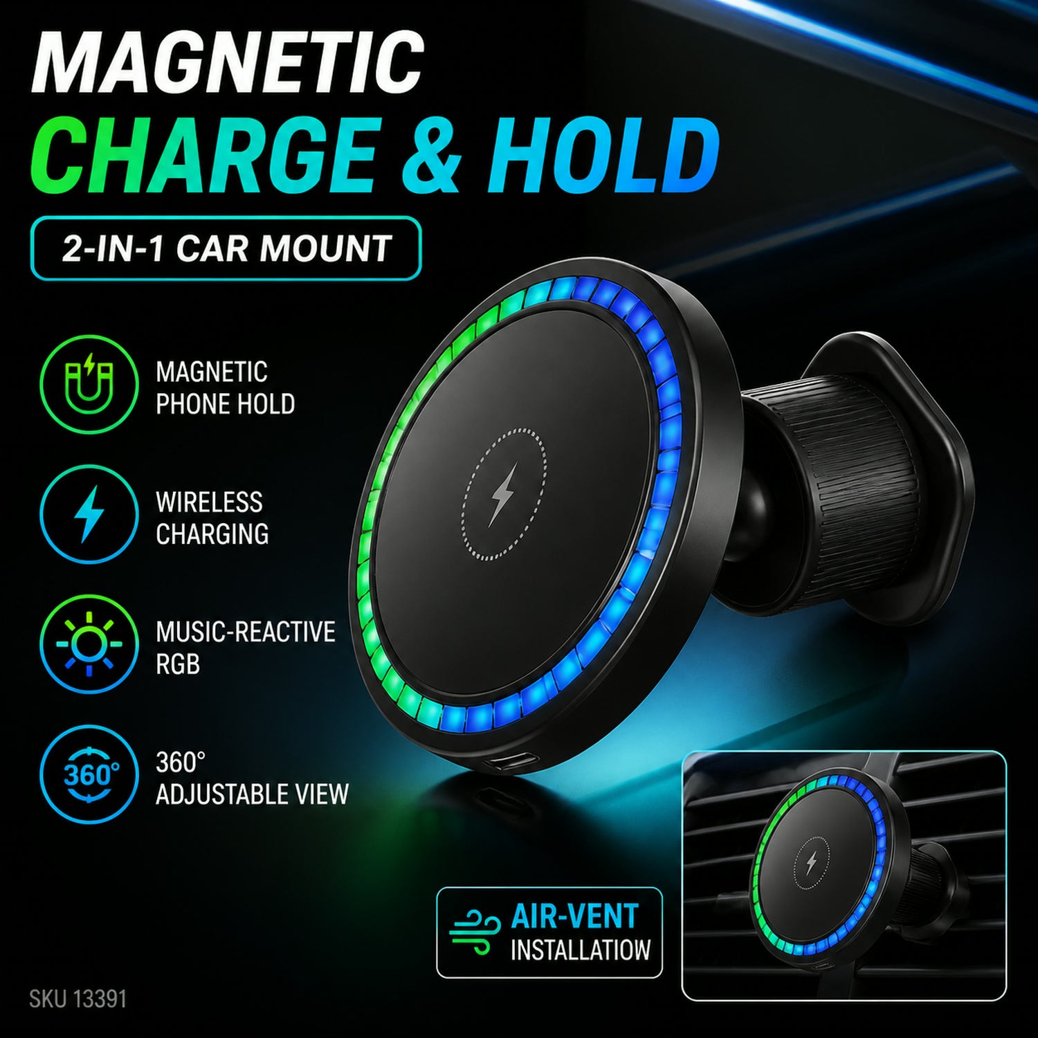 Magnetic Car Charger – Wireless Phone Mount with RGB Lights | Phonixio