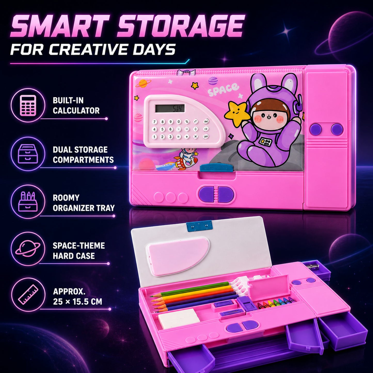 Space Theme Pencil Box with Built-in Calculator – Dual Compartment Organizer