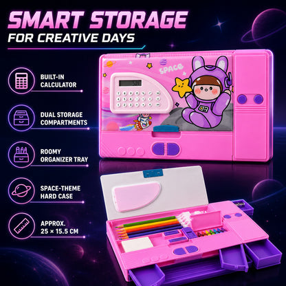 Space Theme Pencil Box with Built-in Calculator – Dual Compartment Organizer
