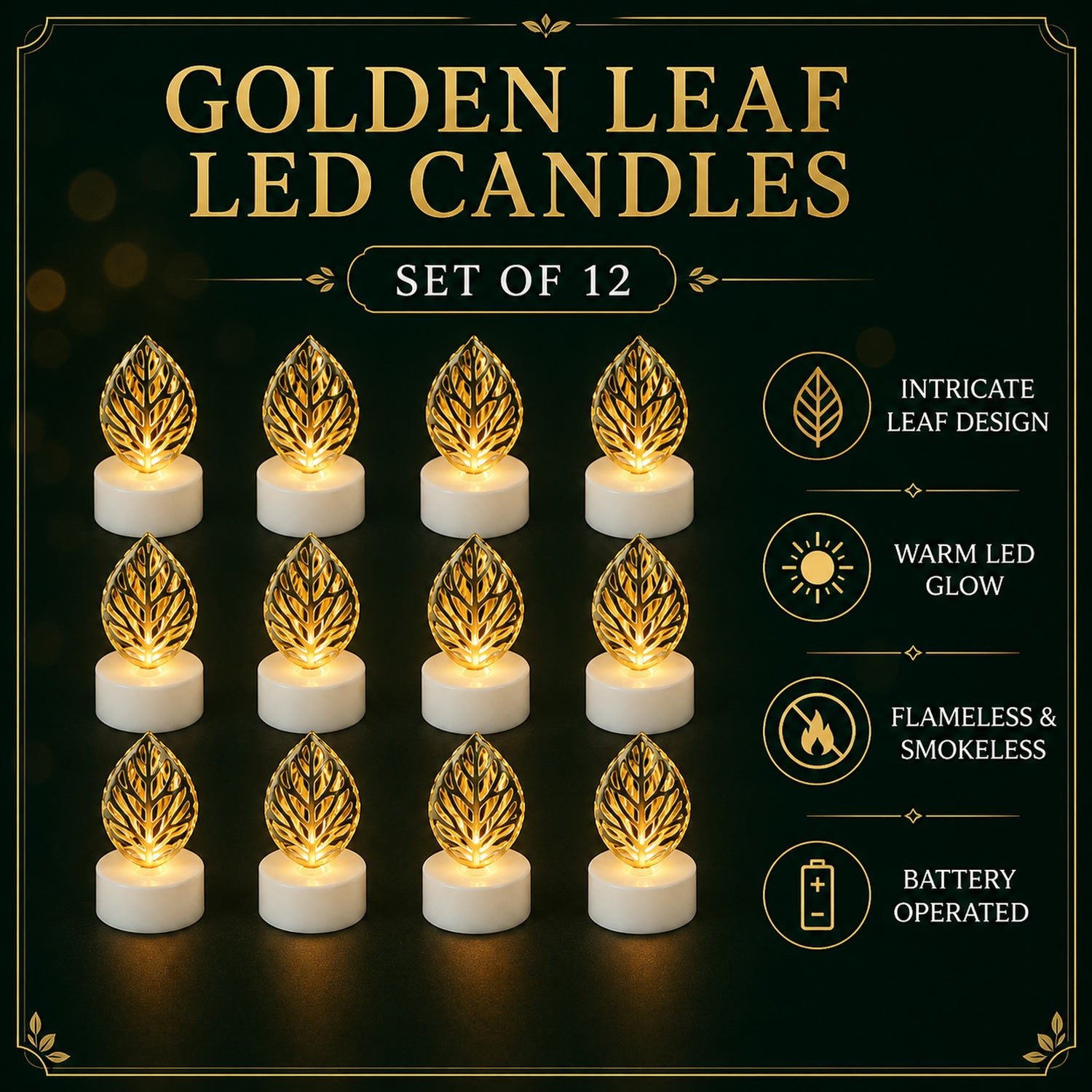 Leaf Shaped Flameless LED Candles – Elegant Decorative Set of 12