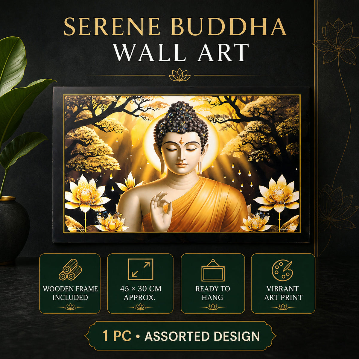 Lord Buddha Wall Painting – Spiritual Decor with Wooden Frame