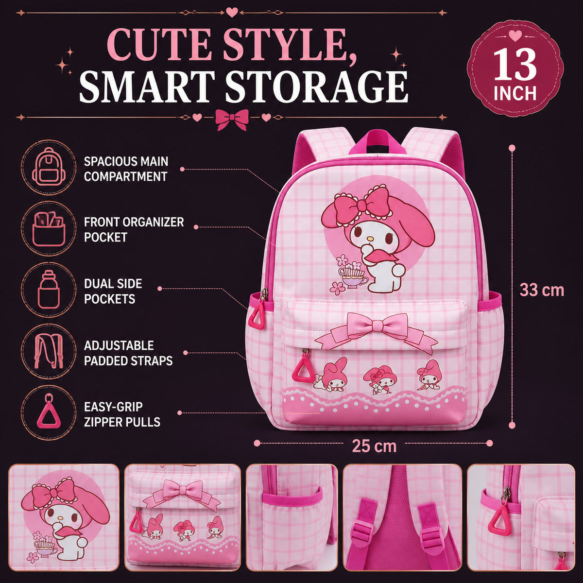 Kids Backpack – Adorable My Melody Design with Bow & Bunny