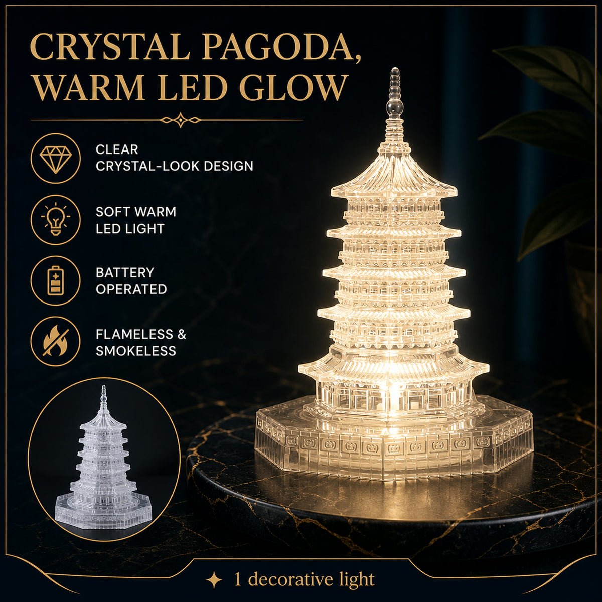 LED Crystal Pagoda Light – Elegant Battery Operated Decor