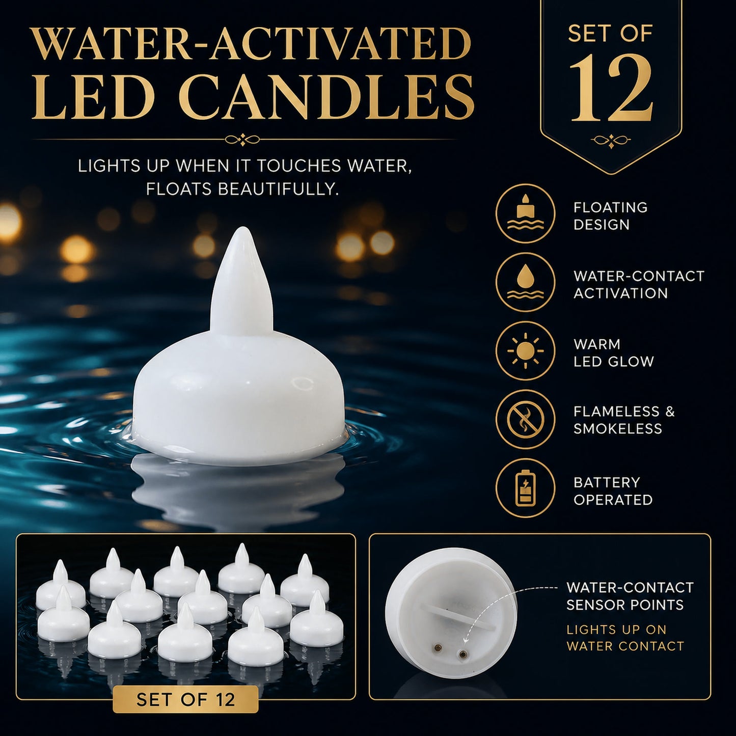 LED Floating Candles – Smokeless Lotus Set of 12 for Festive Decor