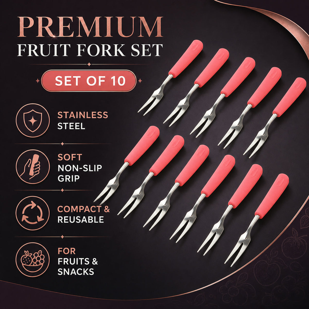 Stainless Steel Fruit Fork Set – 10 Durable Mini Forks with Soft Grip