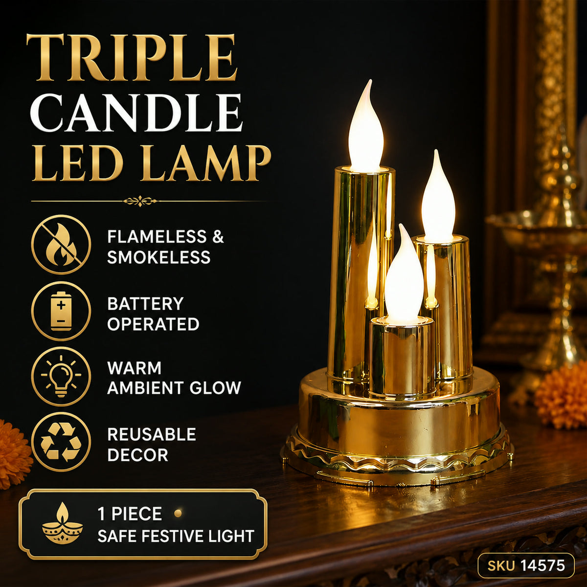 LED Flameless Candle Lamp – Triple Candle Design, Golden Glow