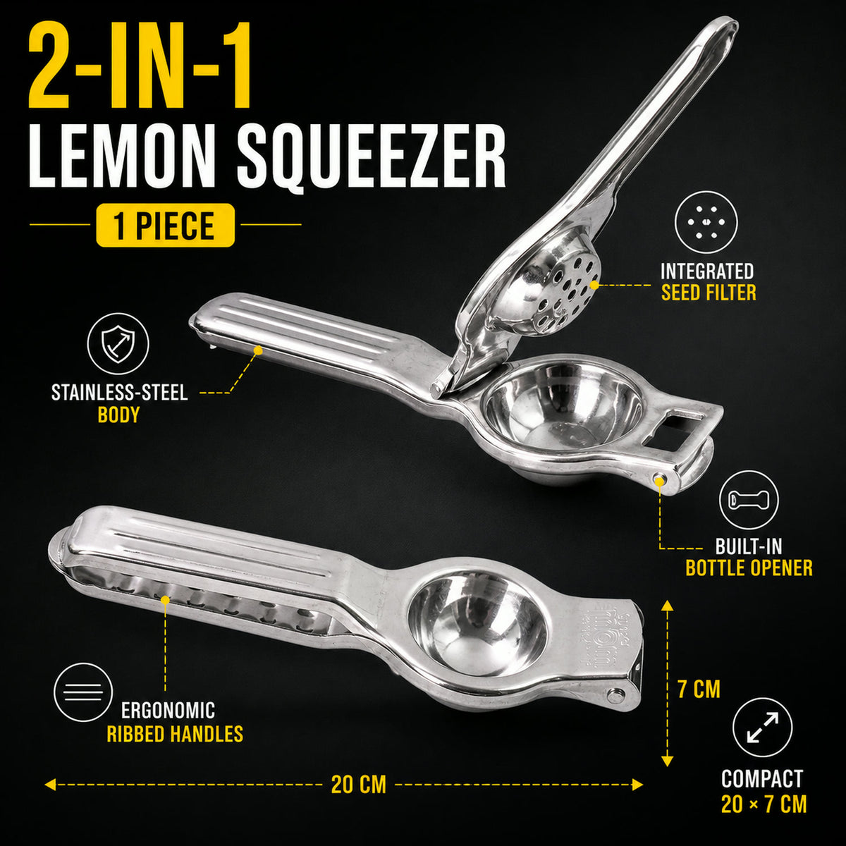Stainless Steel Lemon Squeezer – 2-in-1 Juicer with Bottle Opener