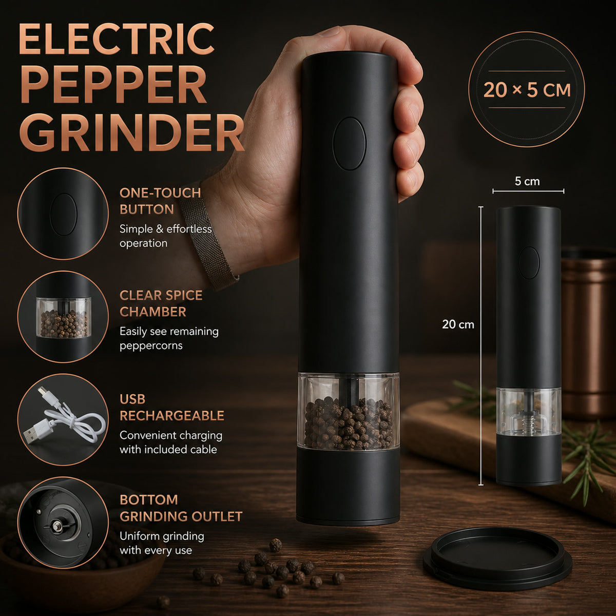Electric Pepper Grinder – USB Rechargeable & One Touch Operation