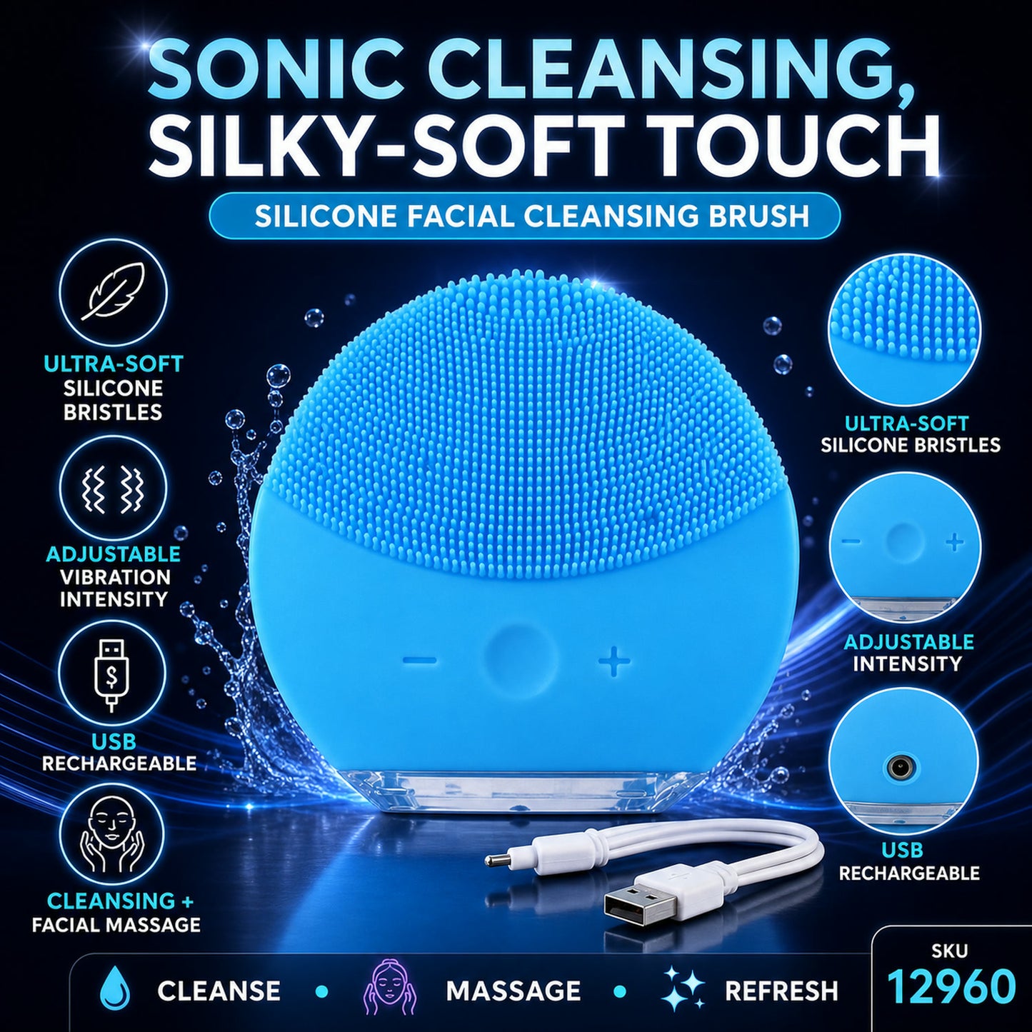 Silicone Sonic Facial Cleansing Brush – Gentle Deep Pore Cleanser