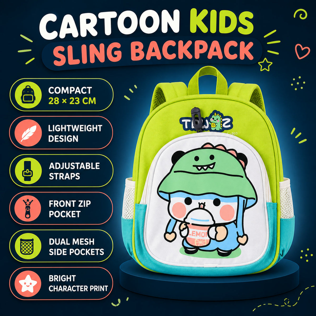 Kids Sling Backpack – Lightweight Cartoon Design for Daily Use