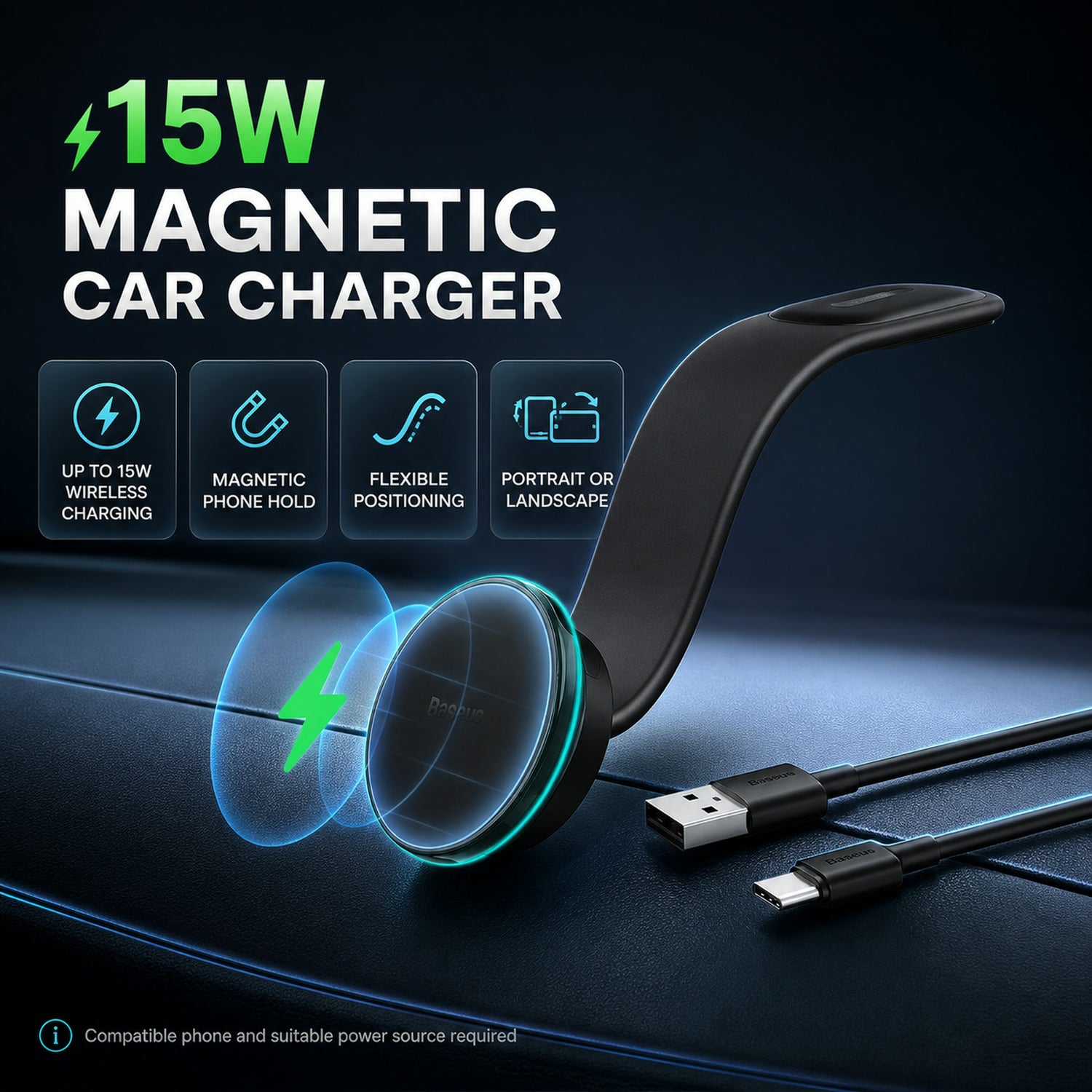 Wireless Car Charger – 15W Fast Charging & Secure Mount