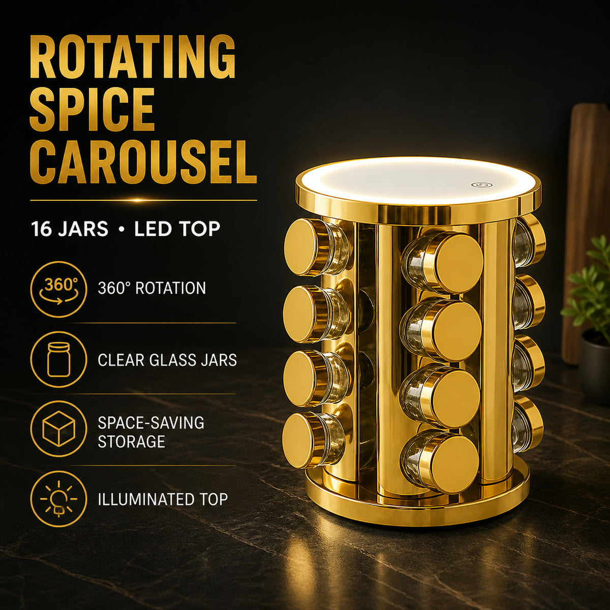 Rotating Spice Rack – LED Illuminated, 16 Jars, Golden Finish | Tidy Table
