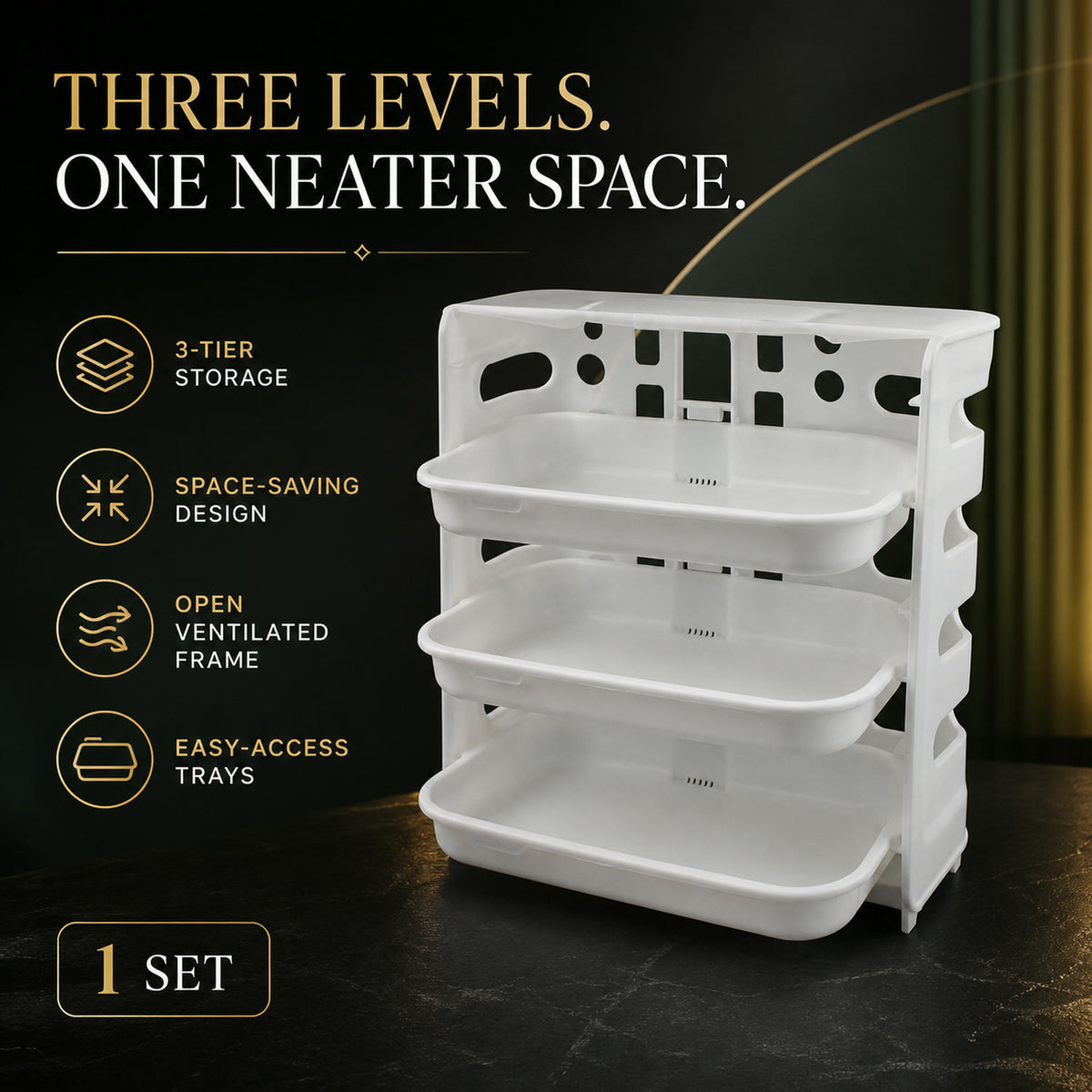 White three-layer plastic rack with empty trays and text highlighting its features like 3-tier storage and space-saving
