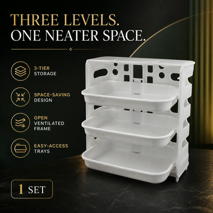 White three-layer plastic rack with empty trays and text highlighting its features like 3-tier storage and space-saving