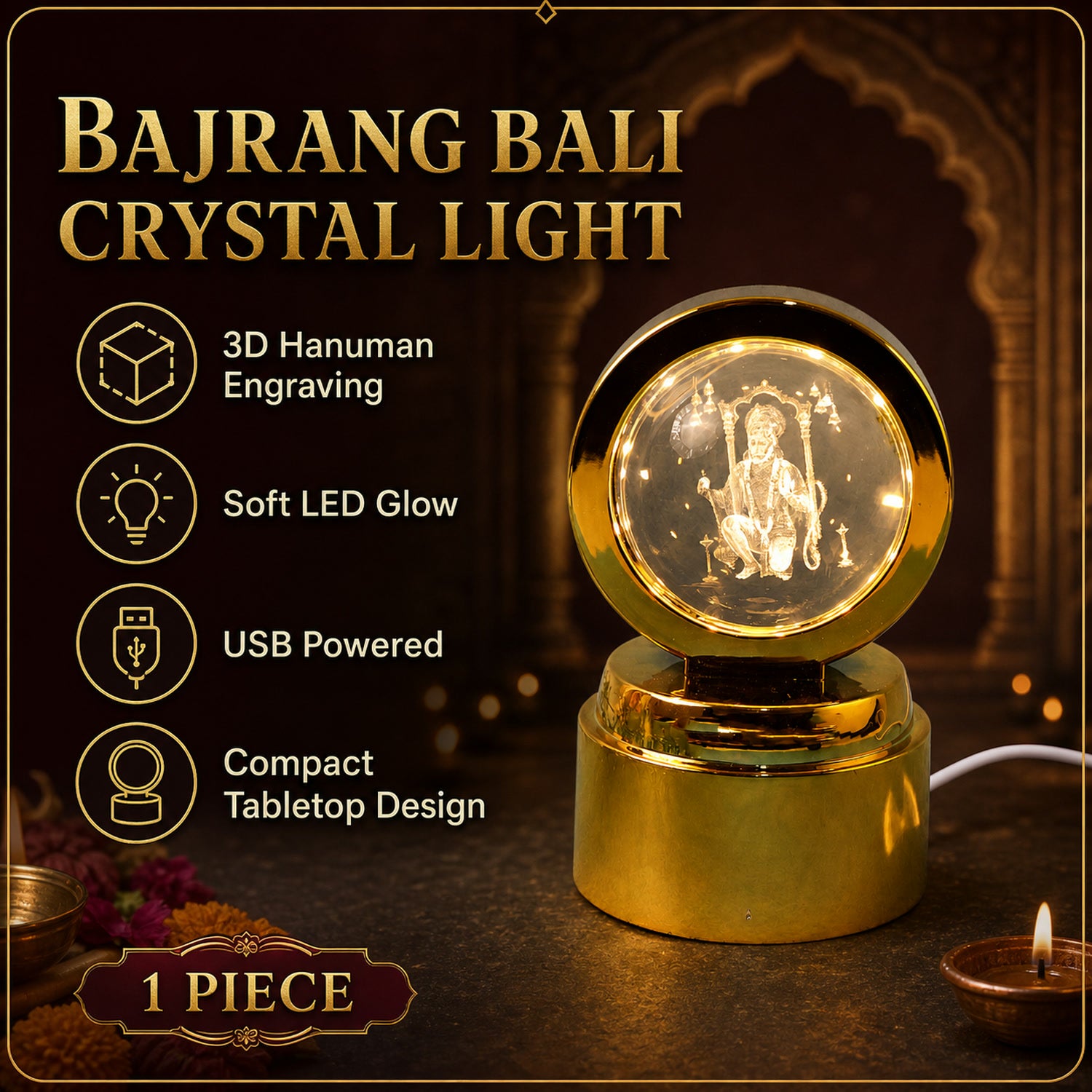 Bajrang Bali 3D Crystal Ball Night Light – Soothing LED Glow