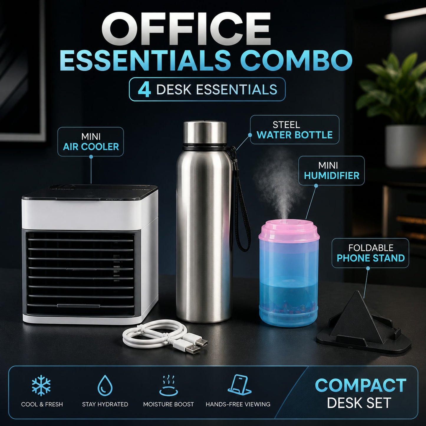 Office Essentials Combo Set – Mini Air Cooler & Water Bottles