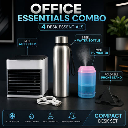 Office Essentials Combo Set – Mini Air Cooler & Water Bottles