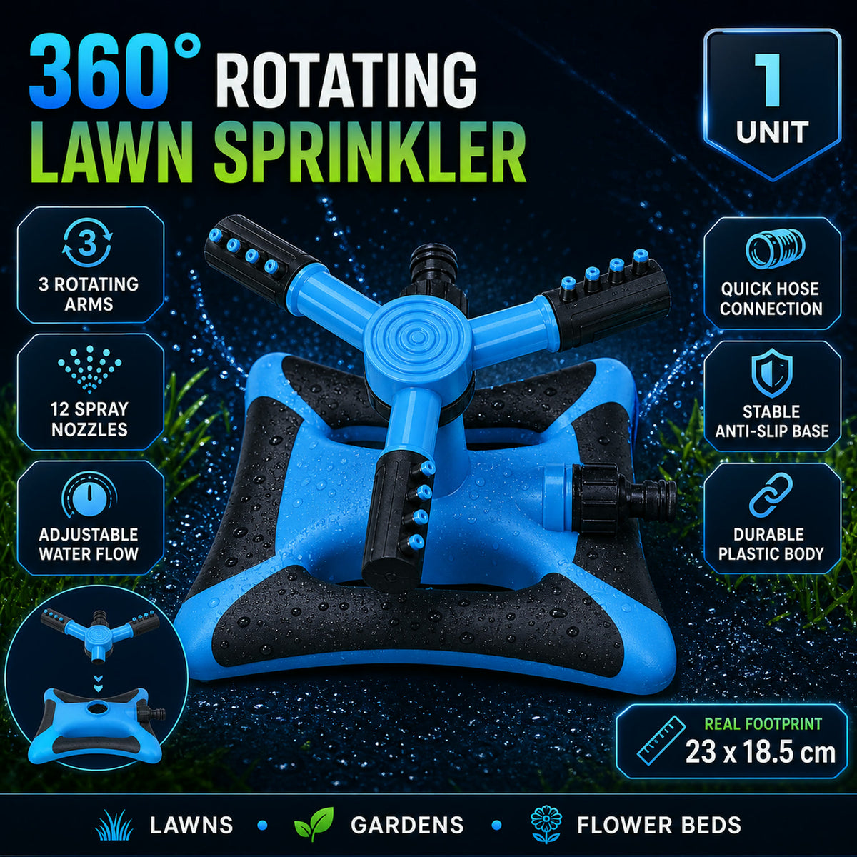 Garden Water Sprinkler – 360° Rotating for Full Coverage