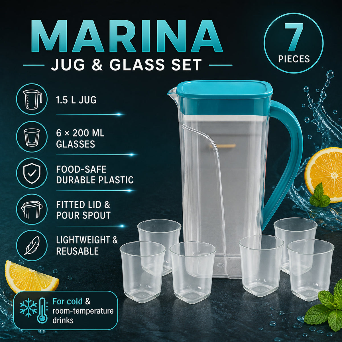 Plastic Jug with 6 Glass Set – 1.5L Unbreakable & Elegant