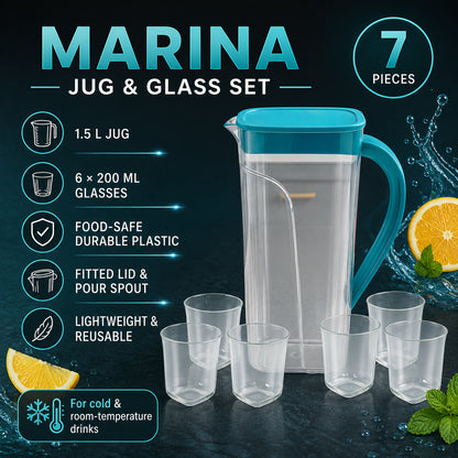 Plastic Jug with 6 Glass Set – 1.5L Unbreakable & Elegant