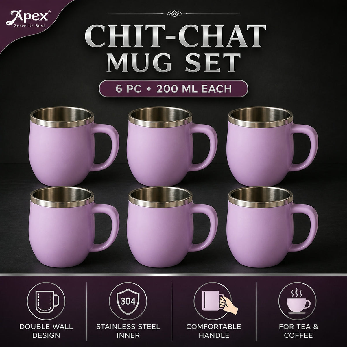 Double Wall Stainless Steel Mug Set – Insulated 6-Pc 200ml