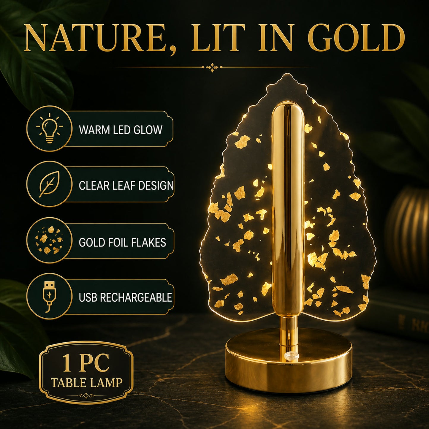 Golden Crystal Leaf LED Table Lamp – USB Charging & Warm Light