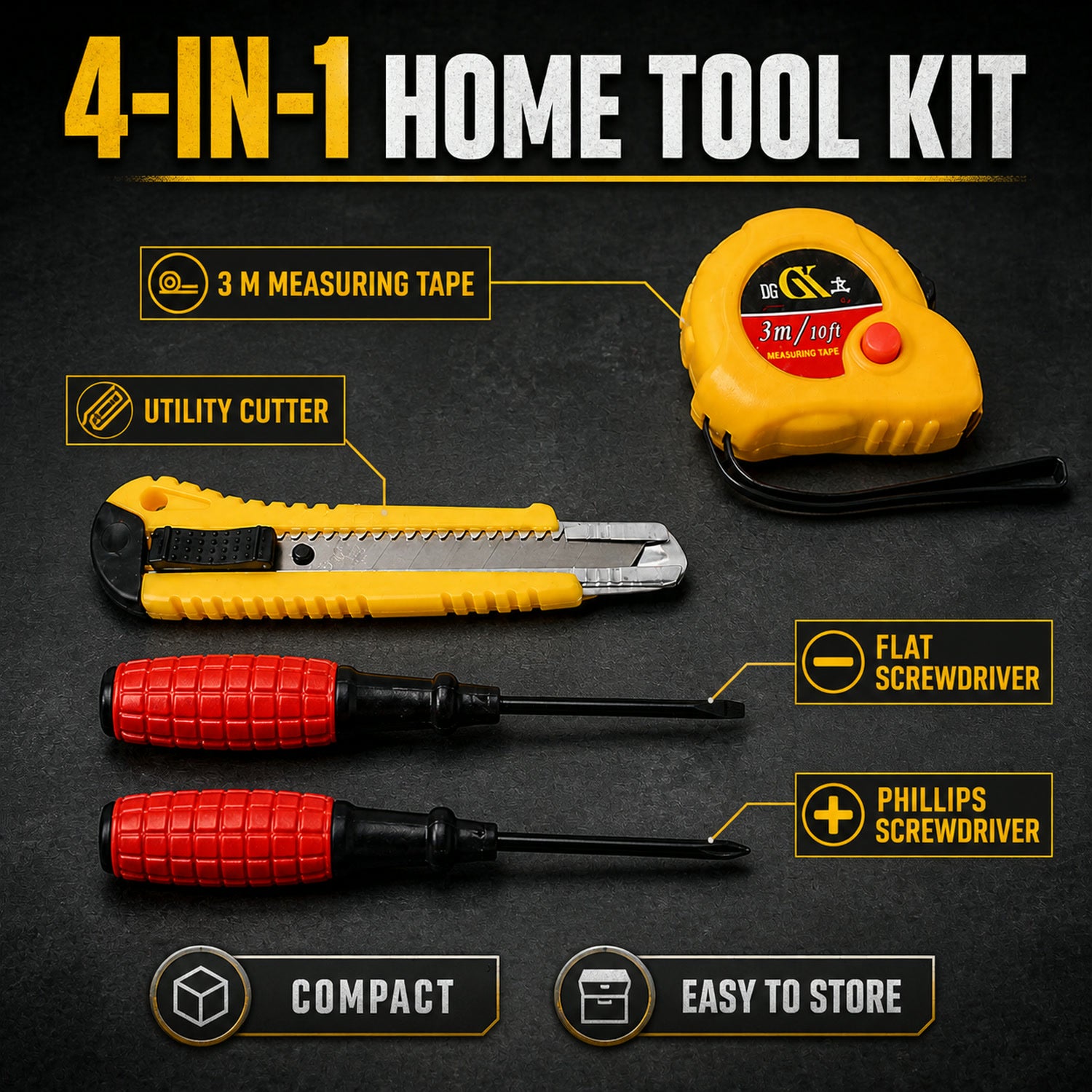 4 in 1 Hand Tool Kit – Durable, Portable Home Repair Set