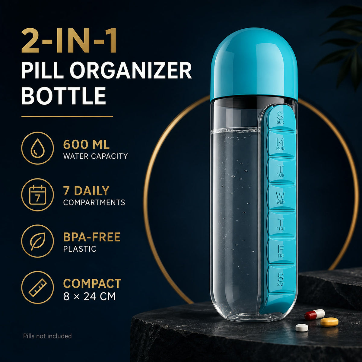 Pill Organizer Water Bottle 600ml – Travel Friendly | Own Hydrate