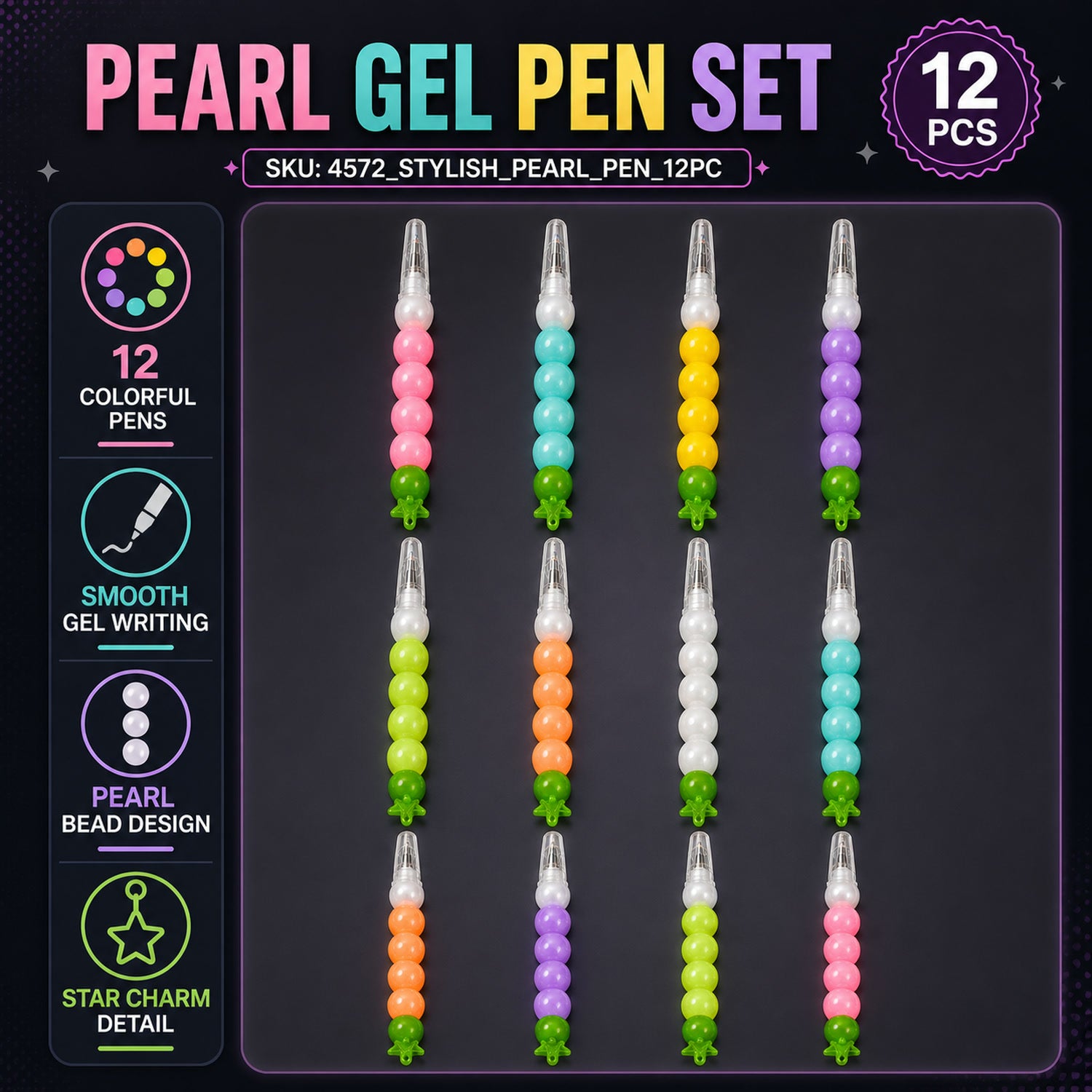 Pearl Gel Pen Set – Multicolor Moti Pens for Kids (12 Pc) | Writezo