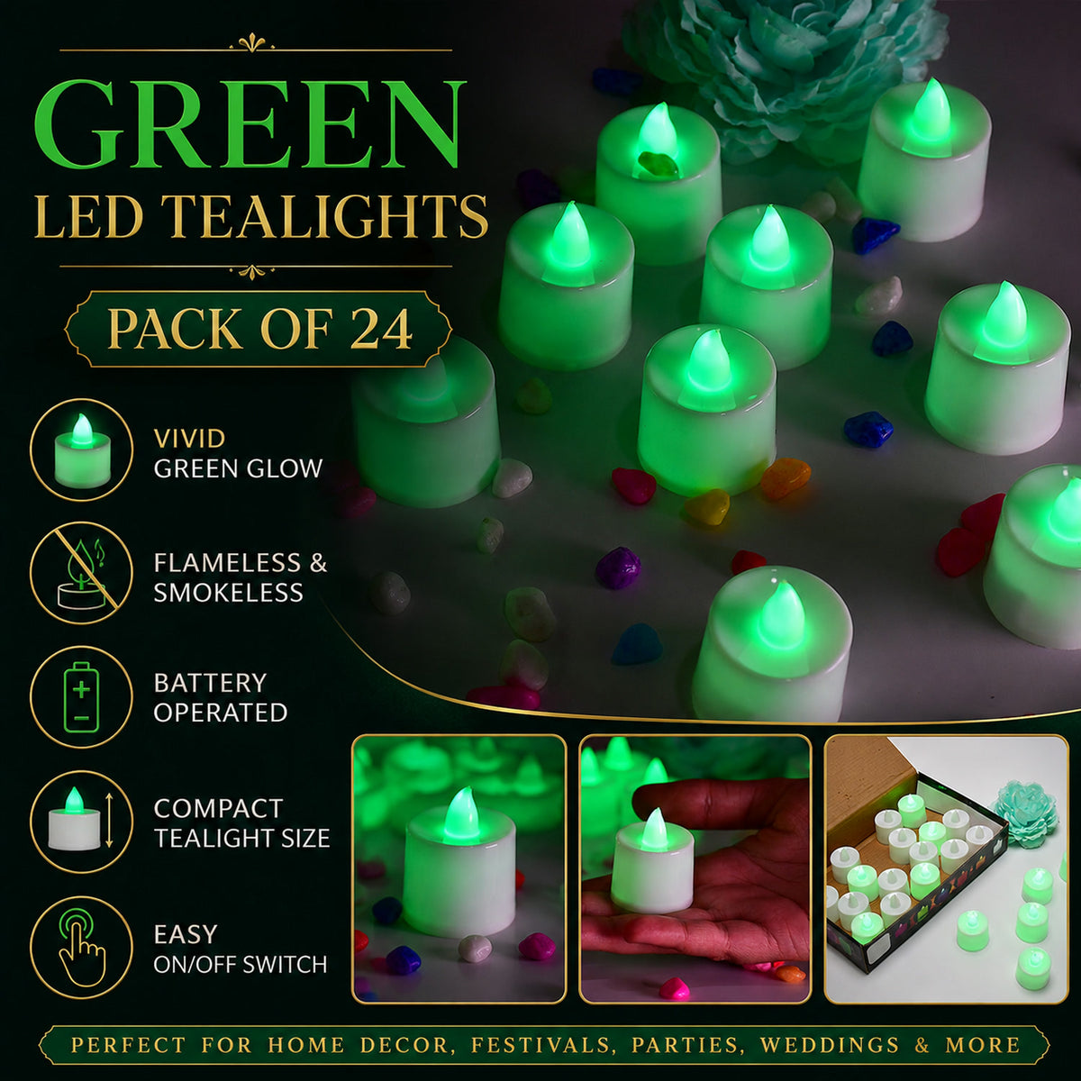Green Flameless LED Tealights - Safe, Smokeless Decor (24-Pack)