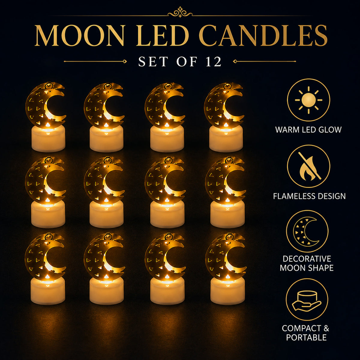 Moon Shaped Flameless LED Candles – (12 Pc Set)