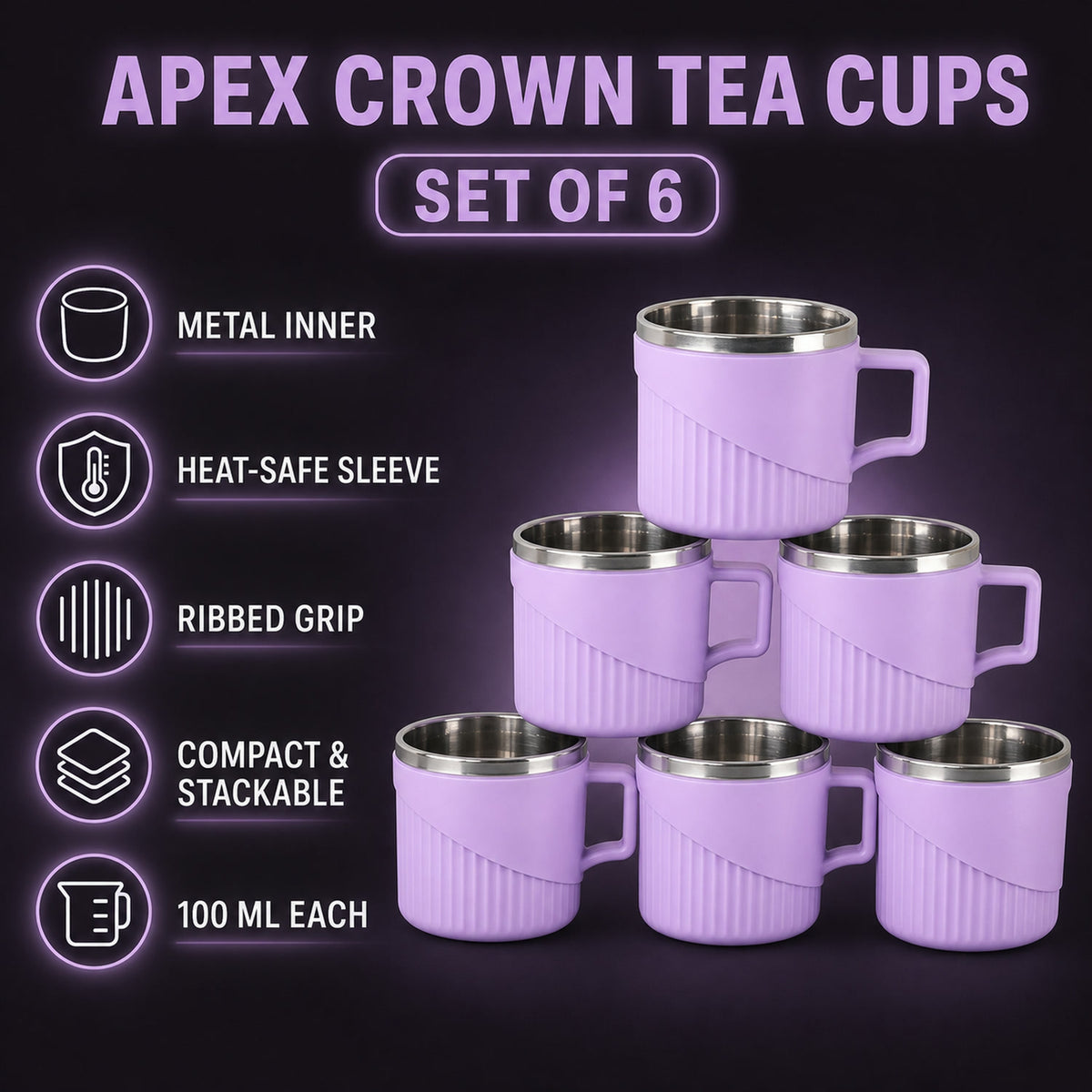 Tea Coffee Cup Set of 6 – Durable Metal Inner, Heat-Safe Sleeve