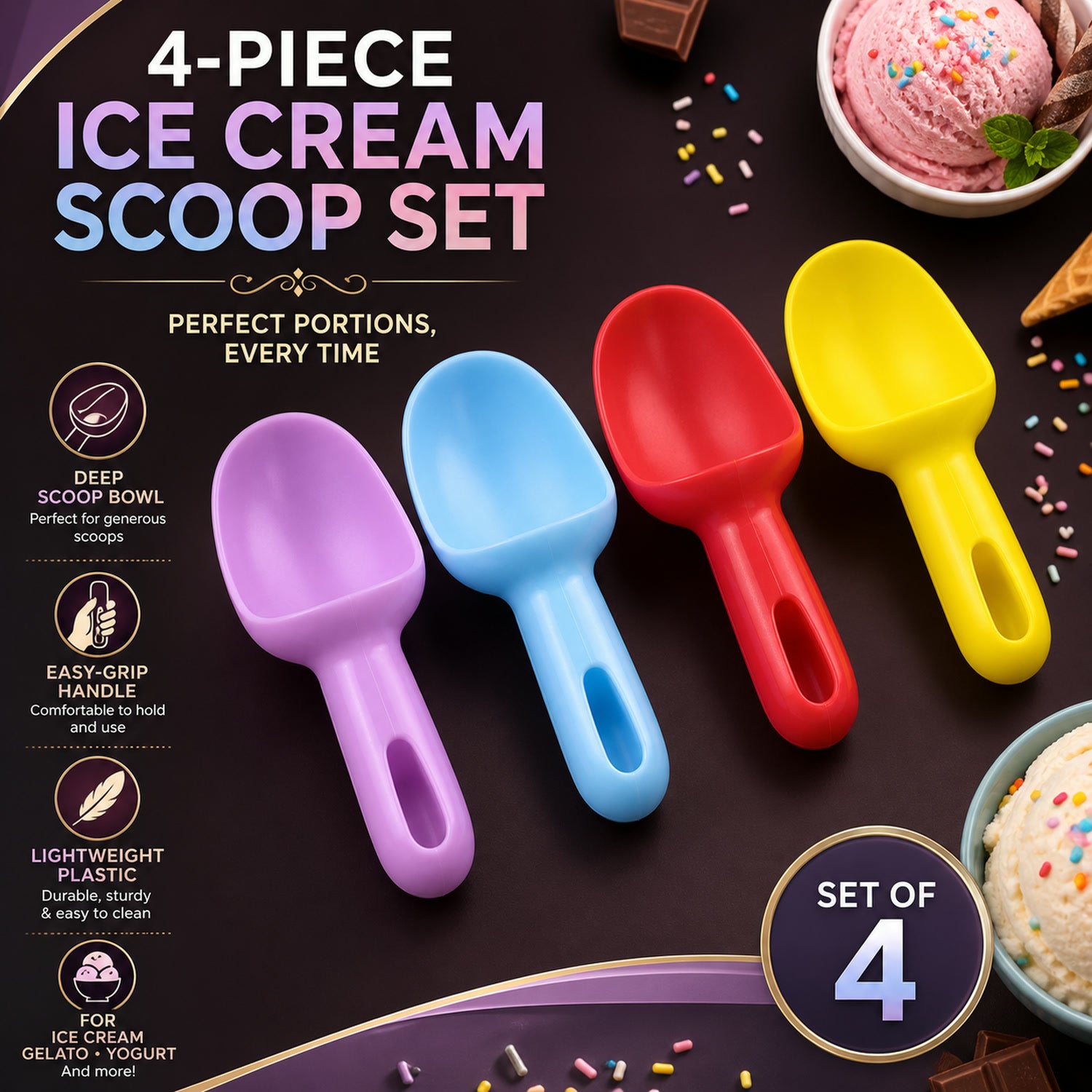 Plastic Ice Cream Scoop – 4 Pc Multipurpose Kitchen Set