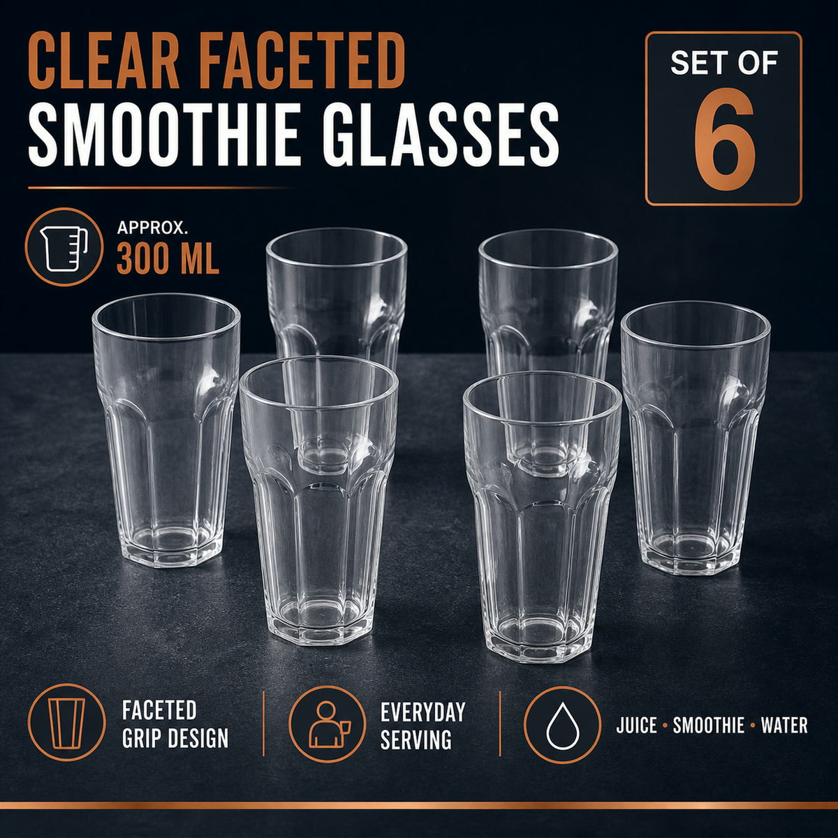 Transparent Smoothie Glass Set – 6 Durable 300ml Tumblers