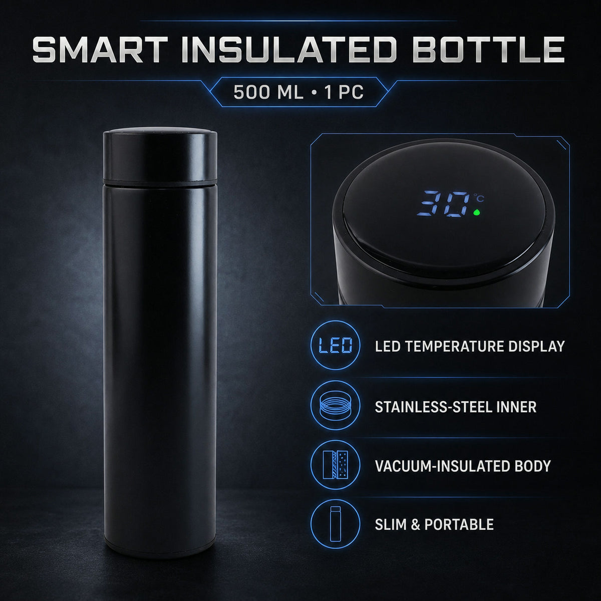 Vacuum Insulated Water Bottle – LED Temp Display 500ML