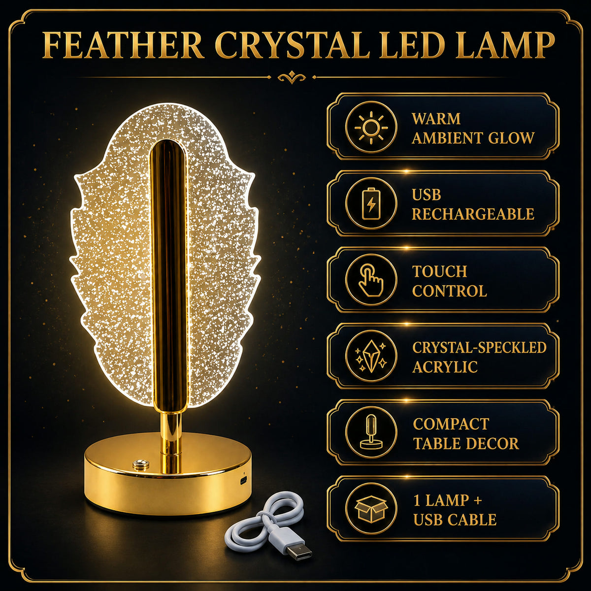 Feather Shape Crystal Table Lamp – Elegant USB Charging LED Light
