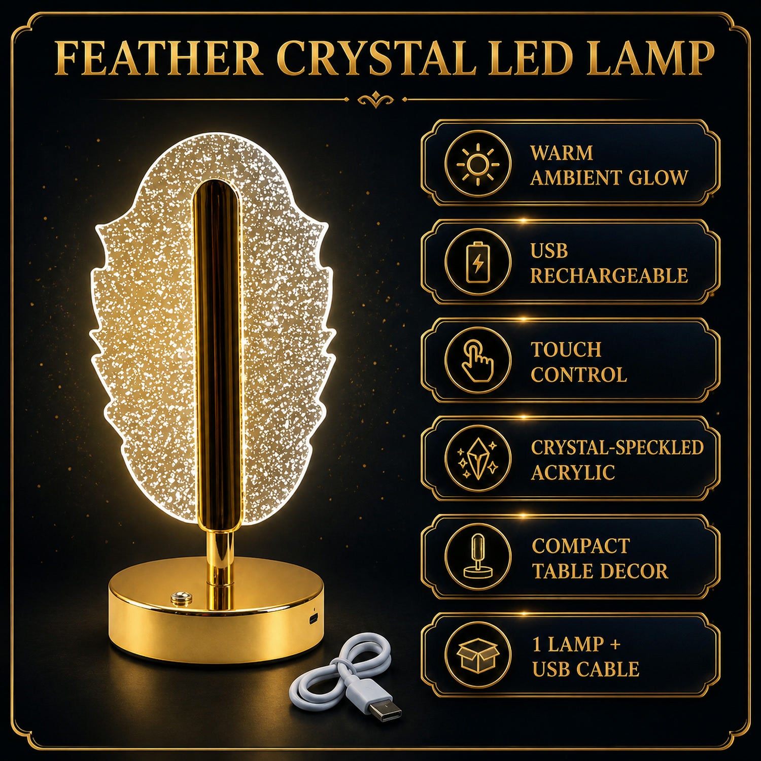 Feather Shape Crystal Table Lamp – Elegant USB Charging LED Light