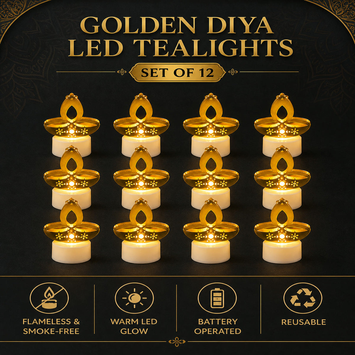 Golden Diya LED Tealight Candles – Safe Flameless Decor Set of 12