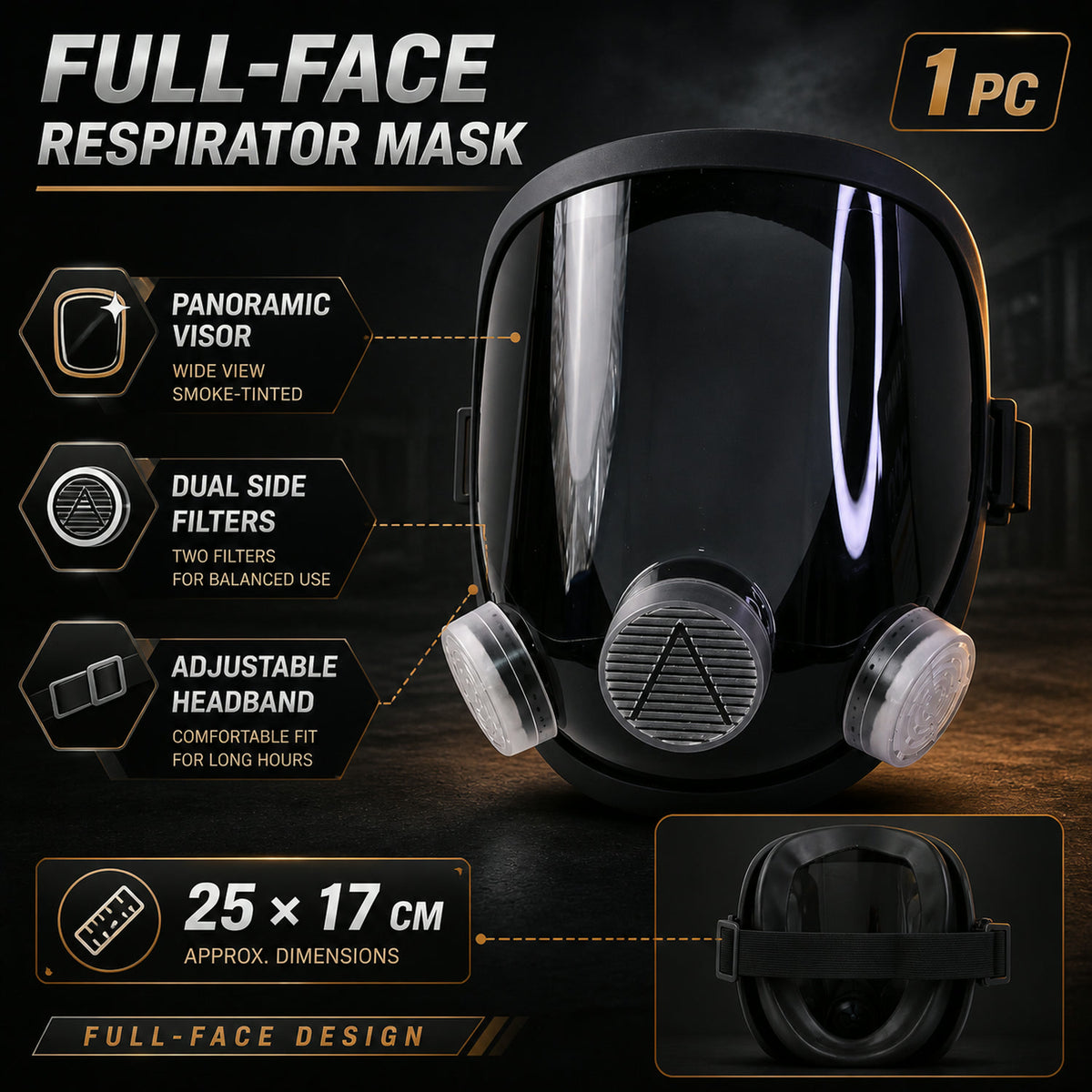 Full Face Safety Respirator Mask – Dual Filters & Clear Visor for Protection