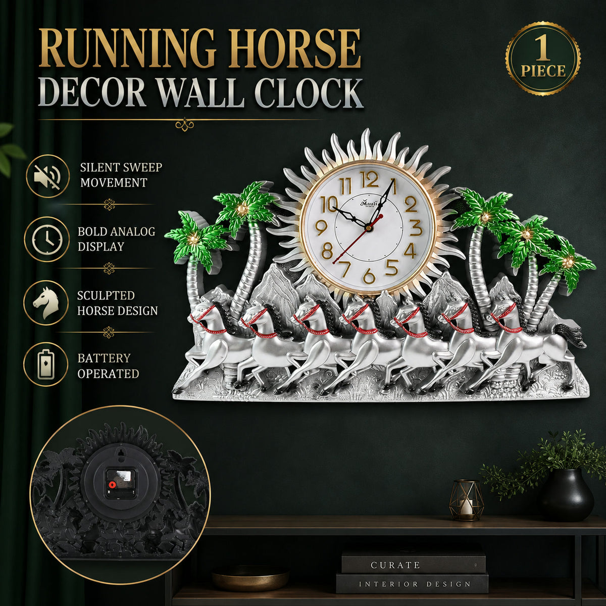 Plastic Wall Clock – Silent Sweep with Running Horse Design